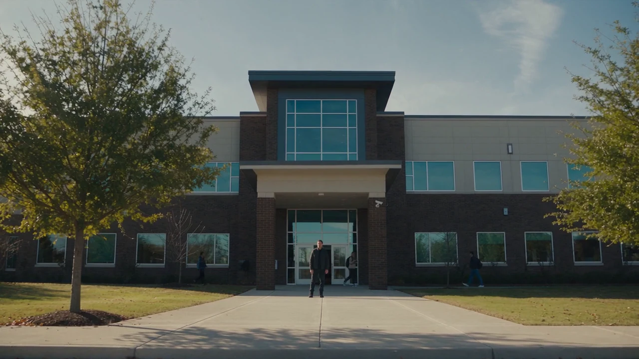 A fictional school in natural daylight, viewed from across the street.